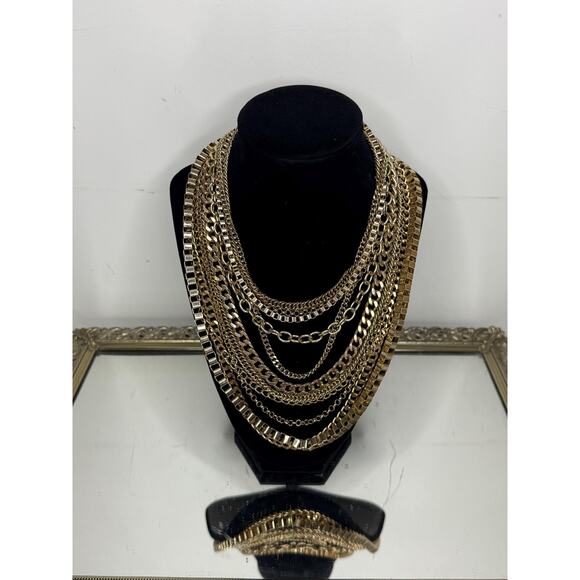 Unsigned Gold Tone Collar Bib Necklace Large Chain Link Multilayer - Picture 2 of 7